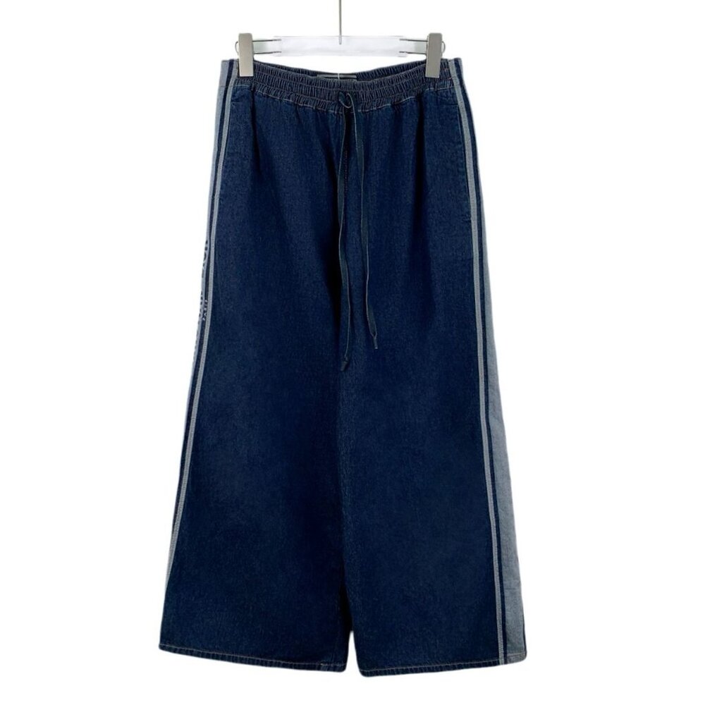 Christian Dior Paris Denim Wide-Leg Pants With Side Stripe & Drawstring Waist